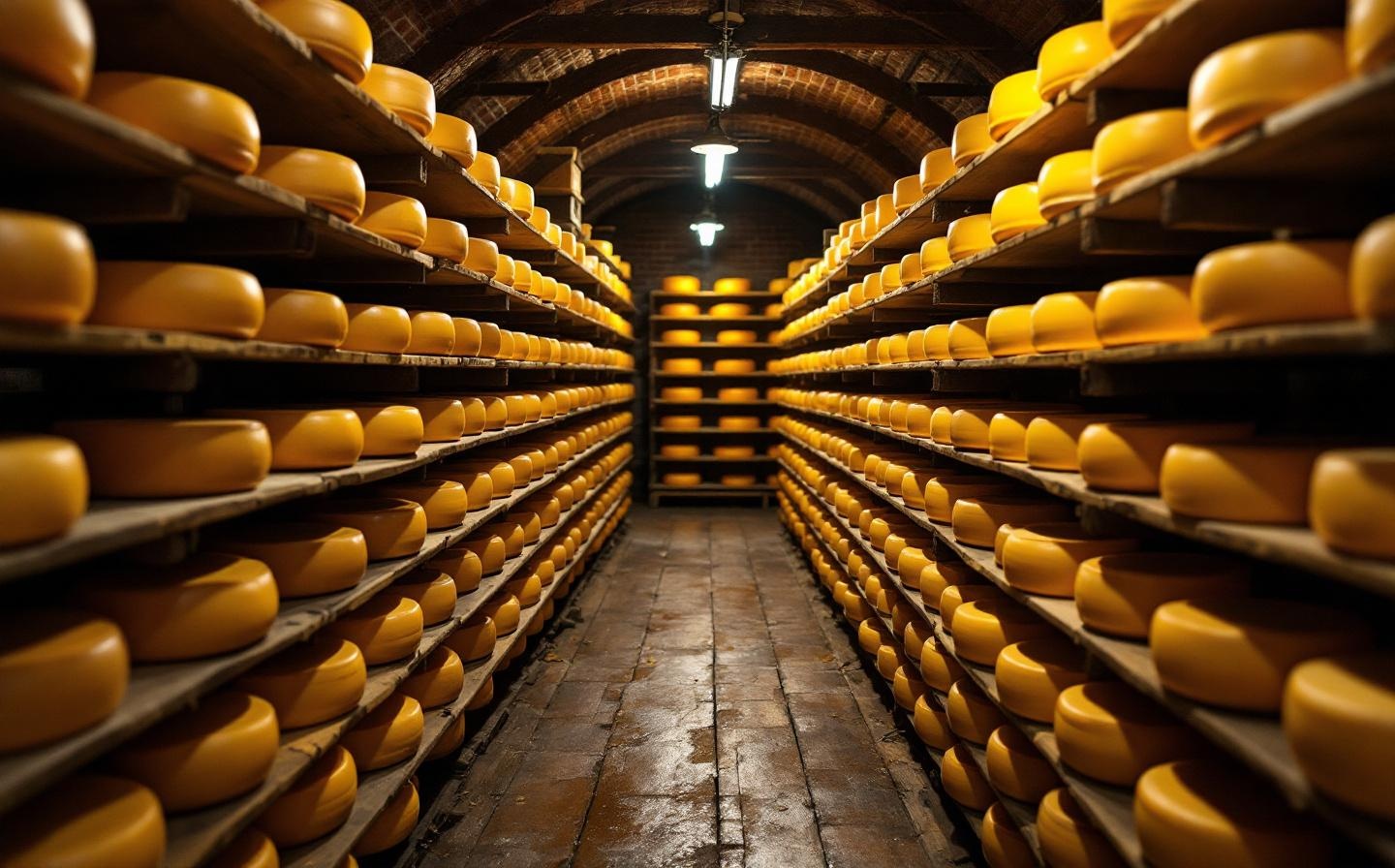 Wheels of aged Gouda resting on pine shelves in the cheese cellar