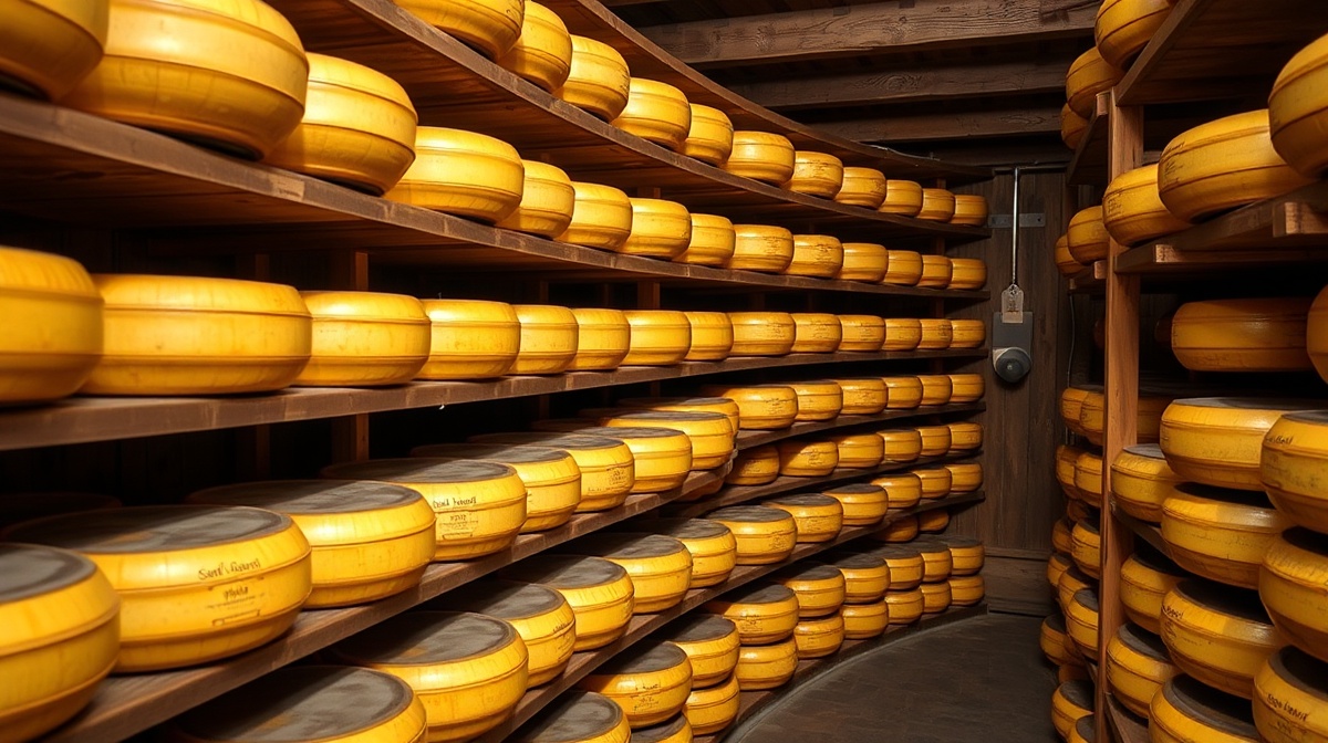 Pine shelves with aging Gouda wheels