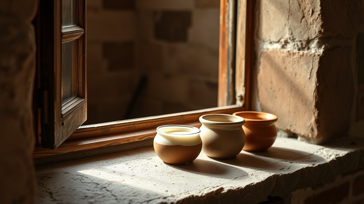 Small clay pots with cultured whey on a windowsill