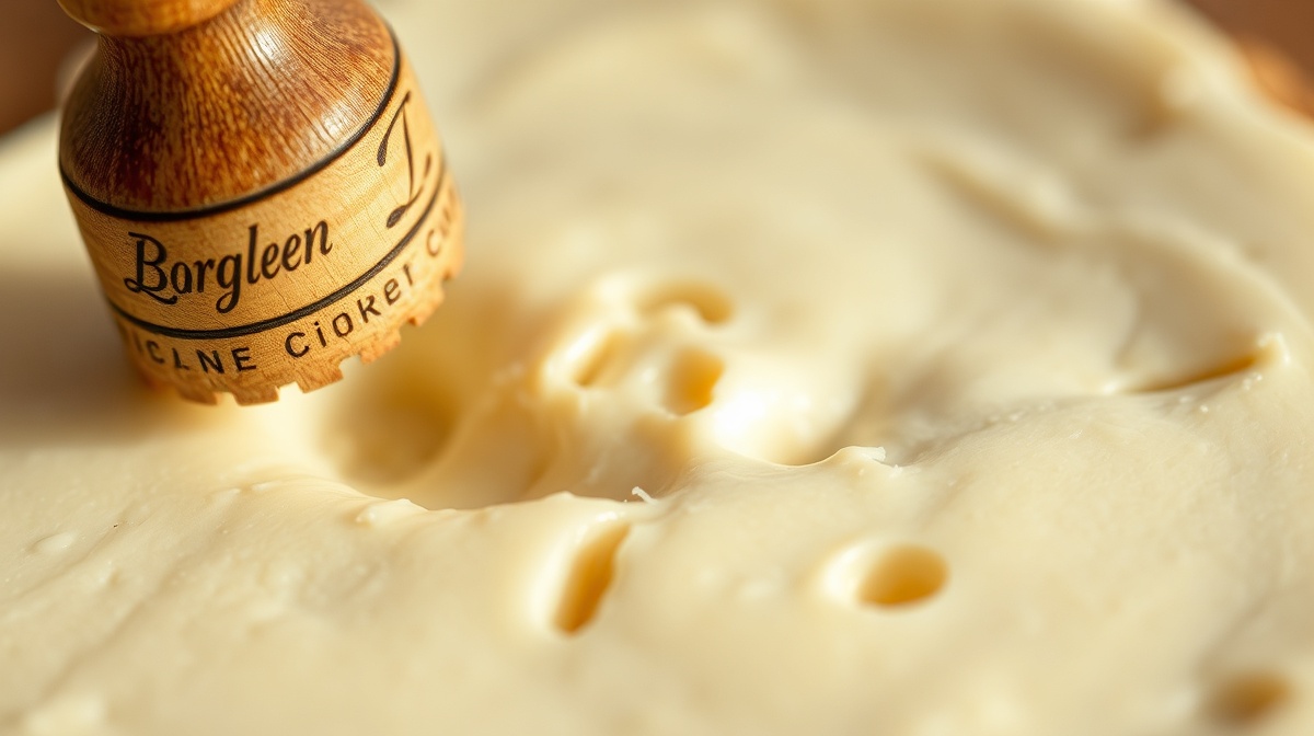 Close-up of a boerenkaasmerk stamp on fresh curd